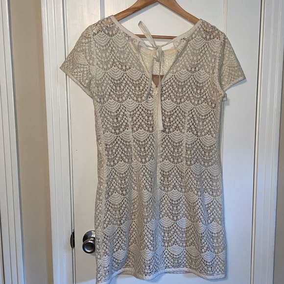 LOFT Cream Laced Sleeved Mini Dress - Picture 2 of 4